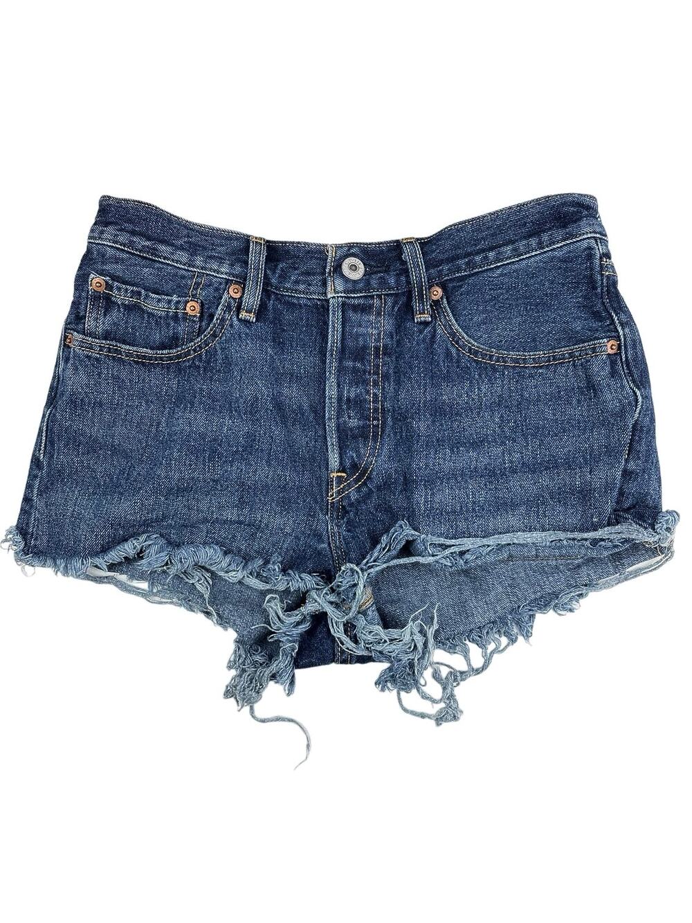 Levi’s 501 Blue Denim Distressed Cut-Off Raw Hem Button Fly Jean Shorts Size 27